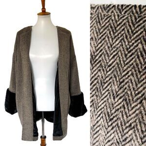 POL Open Front Herringbone Jacket Faux Fur Cuff L Large Brown Black Blazer